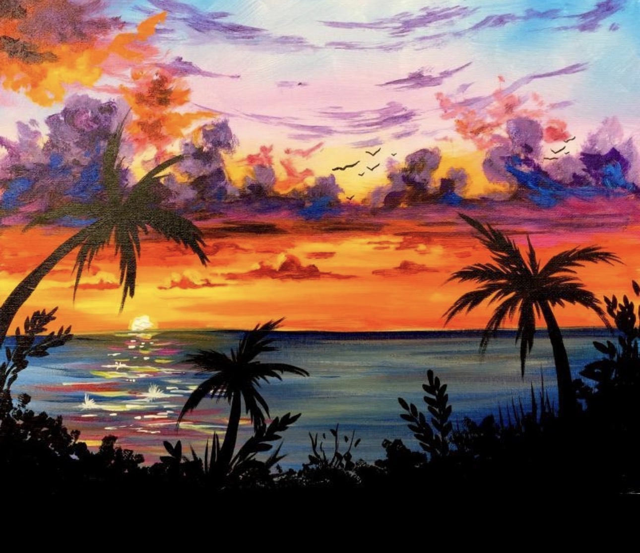 Painting of a glowing tropical sunset filled with vibrant skies, palm silhouettes, and ocean reflections