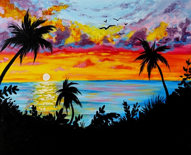 Painting of a glowing tropical sunset filled with vibrant skies, palm silhouettes, and ocean reflections