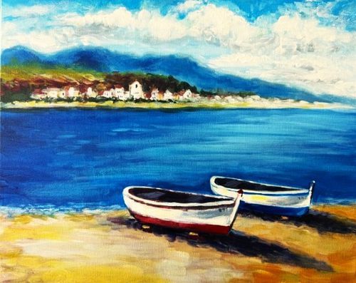 Painting of a dreamy coastal scene featuring colorful boats, sparkling blue water, and a charming seaside village.