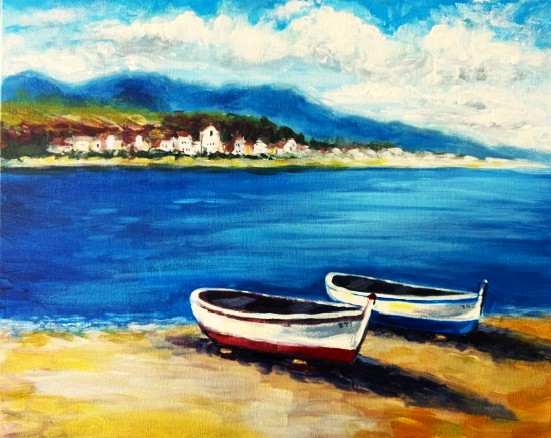  Painting of a dreamy coastal scene featuring colorful boats, sparkling blue water, and a charming seaside village.