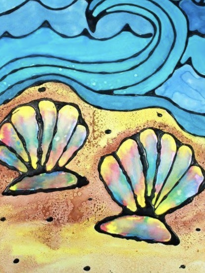 Painting of colorful seaside treasures and ocean waves in this bright, beach-inspired painting class.