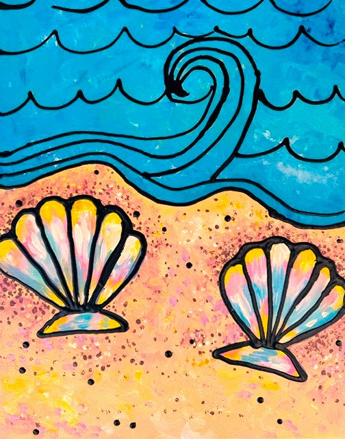 Painting of colorful seaside treasures and ocean waves in this bright, beach-inspired painting class. 