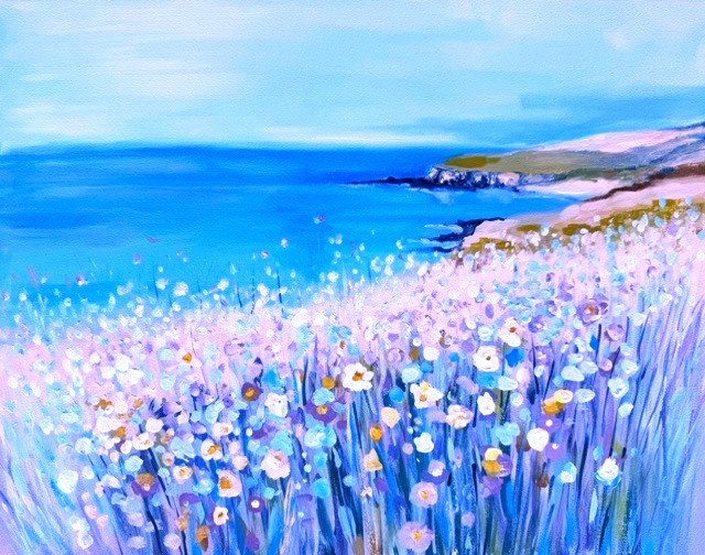 painting of a dreamy coastal wildflower scene 