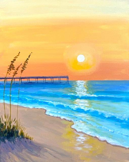Paint a glowing California sunset over the ocean in this beginner-friendly paint-and-sip experience.