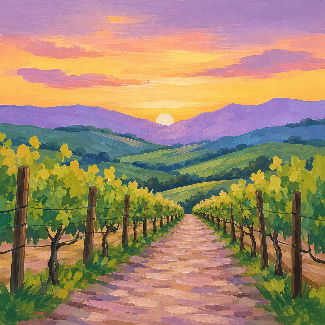 Painting of a colorful vineyard landscape featuring rows of golden vines, rolling green hills, lavender mountains, and a glowing sunset on the horizon.