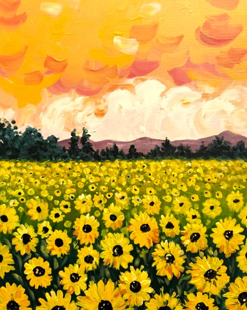 Painting of a glowing sunflower field.