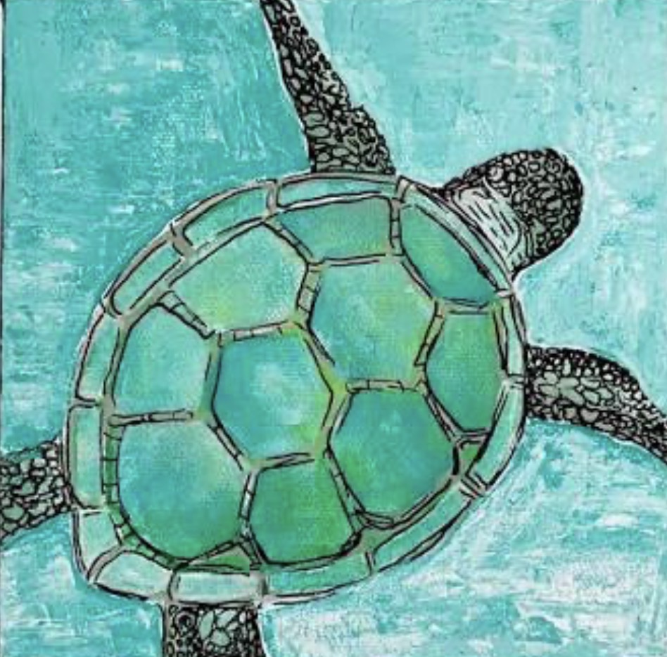 Paint a peaceful sea turtle swimming through dreamy turquoise waters during this relaxing coastal Paint & Sip!