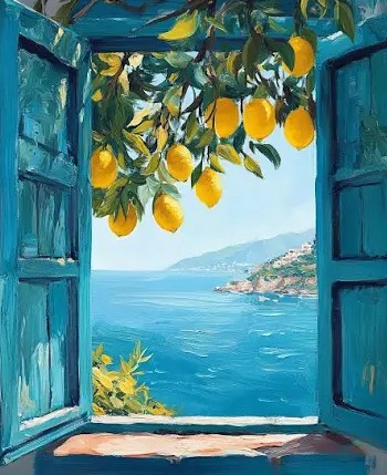 Bright lemons, rustic turquoise shutters, and a sparkling Mediterranean view make this cheerful Italian-inspired painting the perfect creative escape!