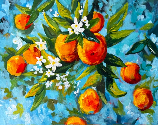 Paintinf of a vibrant citrus tree bursting with juicy oranges, lush green leaves and delicate white blossoms against a gorgeous turquoise-blue background. Bright, cheerful and Mediterranean-inspired!