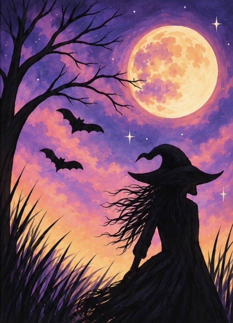 A magical Halloween night featuring a silhouetted witch beneath a glowing full moon, surrounded by bats, bare branches, and a vibrant purple, pink and orange sky. Spooky, enchanting and perfect for October!