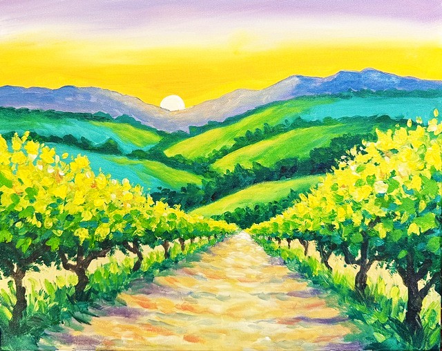 Painting of a colorful vineyard landscape featuring rows of golden vines, rolling green hills, lavender mountains, and a glowing sunset on the horizon.