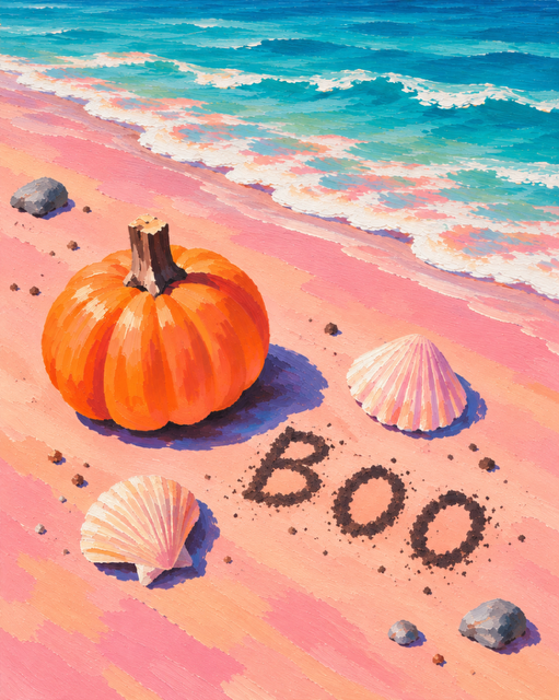 a playful seaside scene featuring a bright pumpkin, pastel seashells, turquoise waves, and a little BOO in the sand.