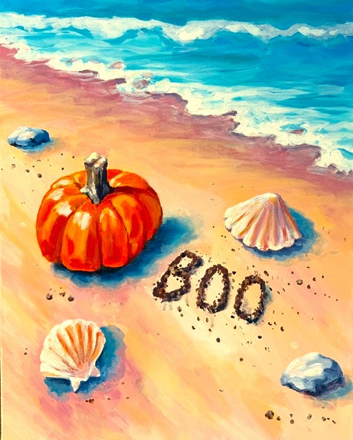a playful seaside scene featuring a bright pumpkin, pastel seashells, turquoise waves, and a little BOO in the sand.