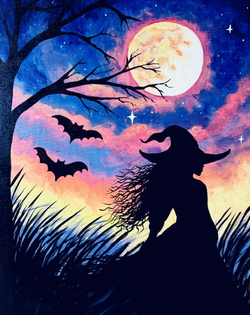 A magical Halloween night featuring a silhouetted witch beneath a glowing full moon, surrounded by bats, bare branches, and a vibrant purple, pink and orange sky. Spooky, enchanting and perfect for October!