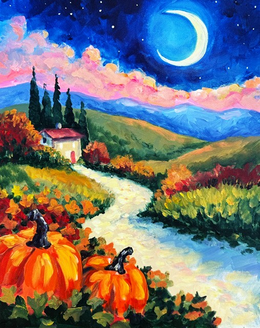 Landscape painting of a dreamy moonlit Italian countryside filled with autumn color