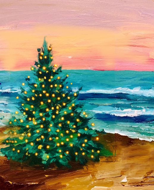 Painting of a coastal Christmas tree on the beach