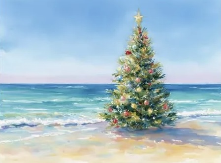 landscape painting of a festive Christmas tree beside the sea. 