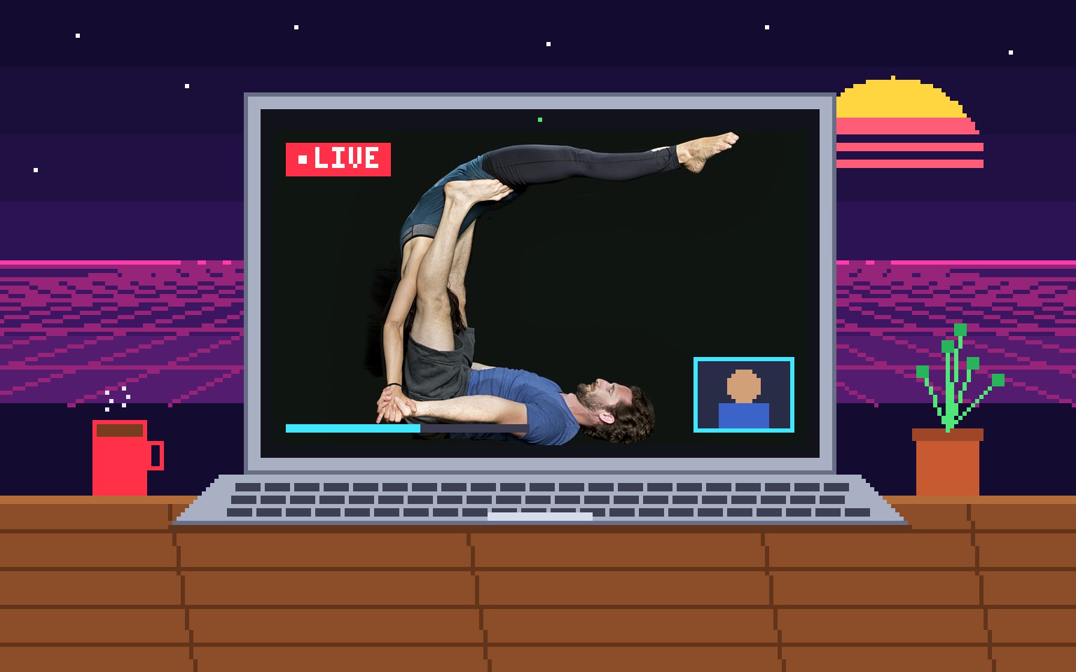 Pixel-art laptop on a desk, a live video call on screen showing an acro pose