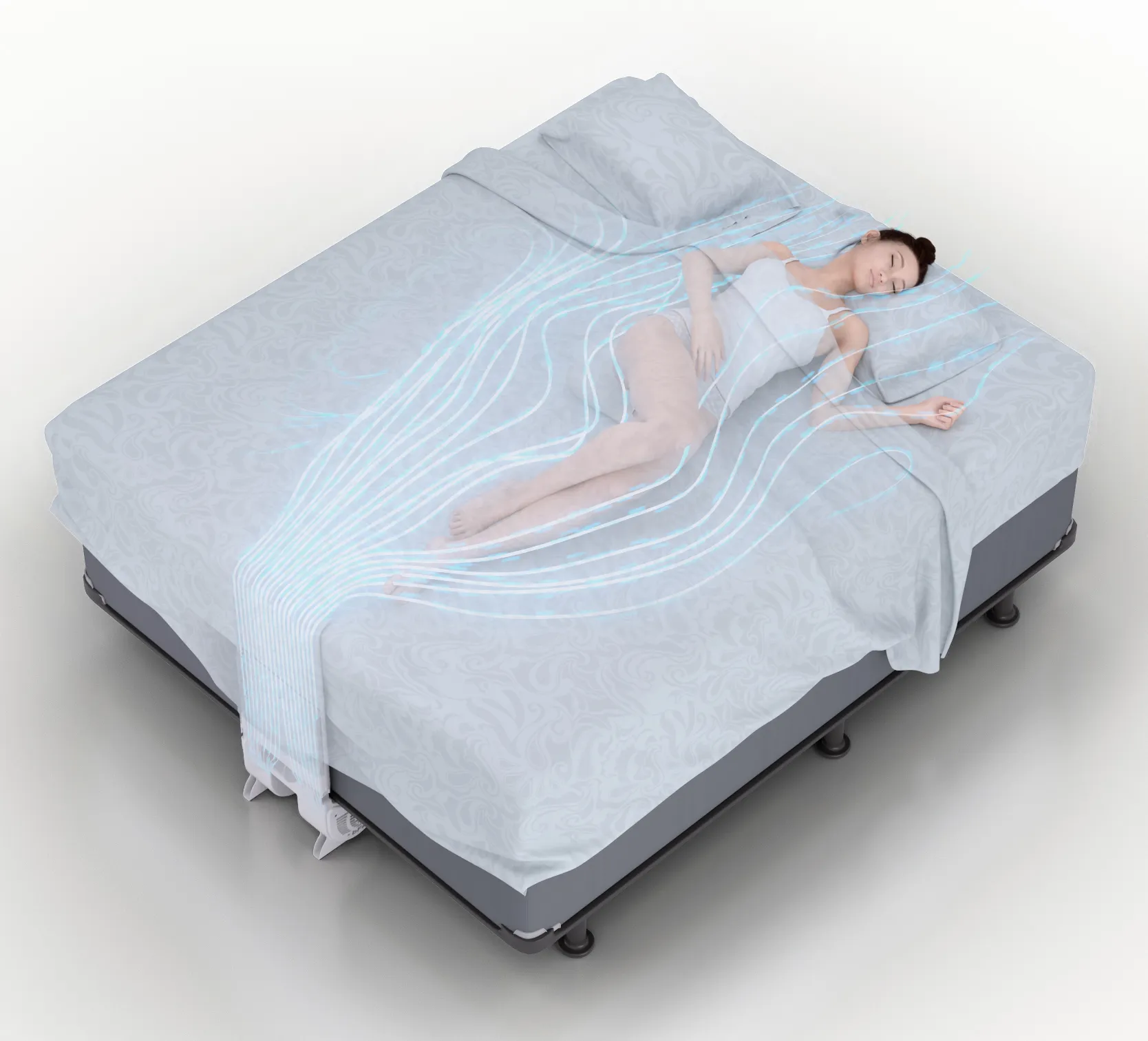 Illustration of a woman sleeping on a bed with blue airflow lines indicating ventilation across the mattress.