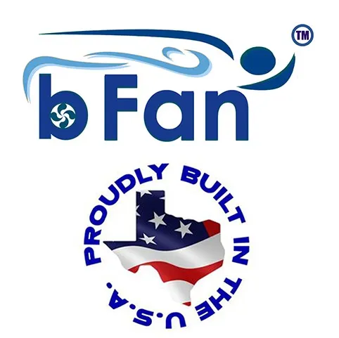 bFan logo above an outline of Texas filled with the American flag and text reading 'Proudly built in the U.S.A.'