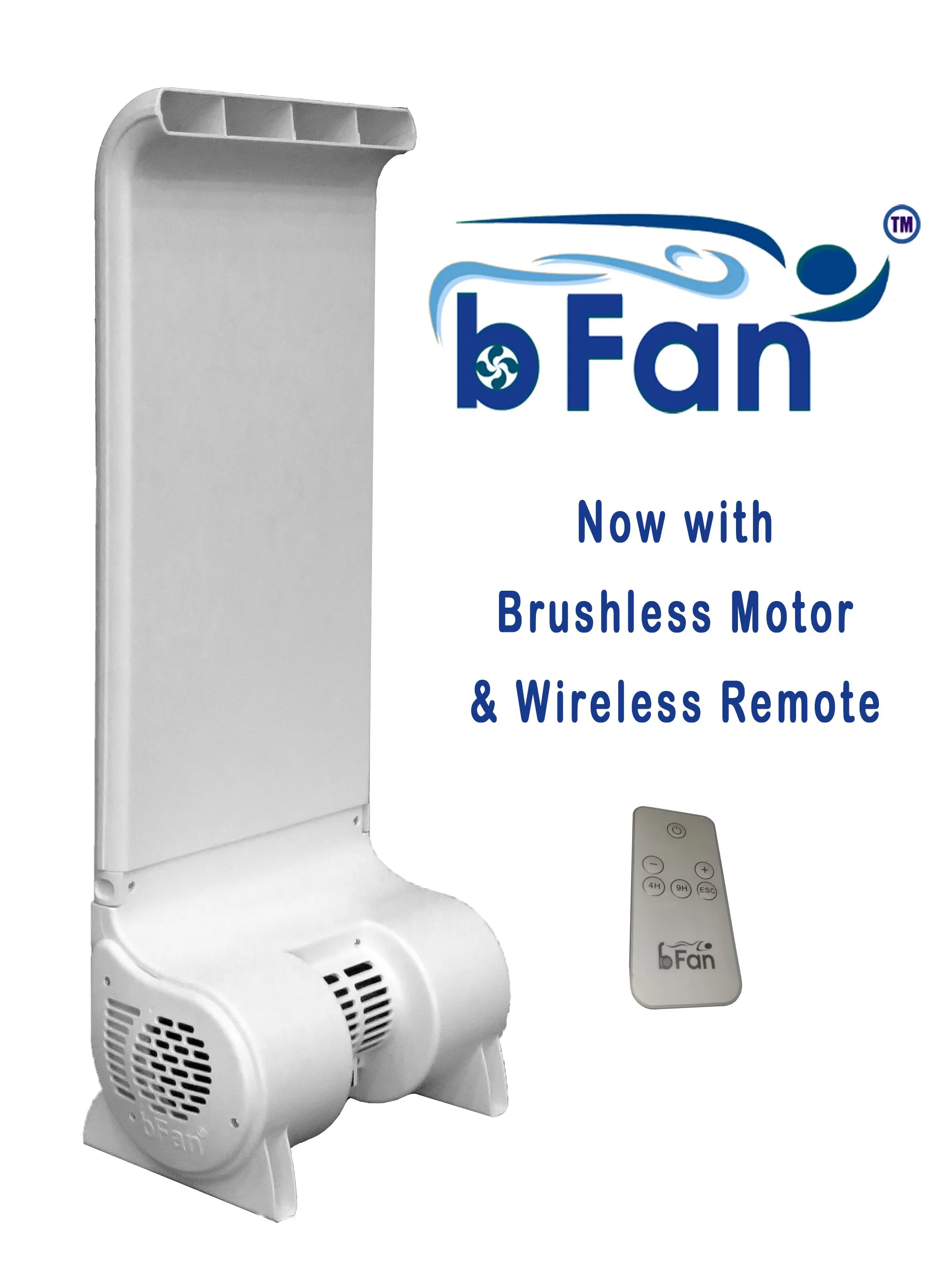 bFan bladeless fan with brushless motor and wireless remote control beside it.