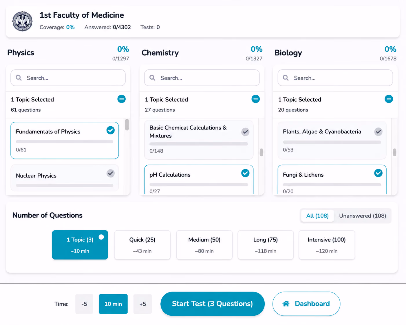 Medical entrance exam practice platform with Physics, Chemistry and Biology question banks, progress tracking and customizable mock tests for Czech medical schools.