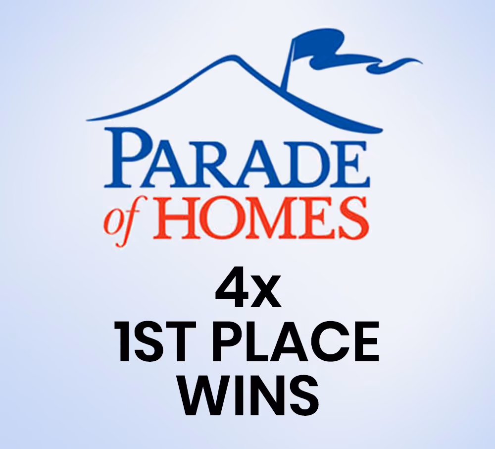 Parade of Homes logo with text stating 4x 1st place wins.