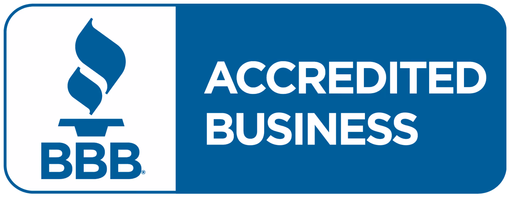 Better Business Bureau (BBB) Accredited Business logo with torch symbol and text on blue background.