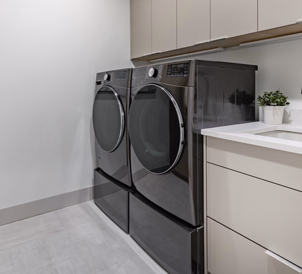 Modern laundry room with black front-load washer and dryer, beige cabinets, and white countertop with plant.