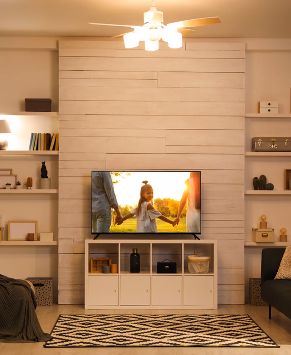 Living room with mounted TV showing a girl holding hands, shelves with decor, and a black and white rug.