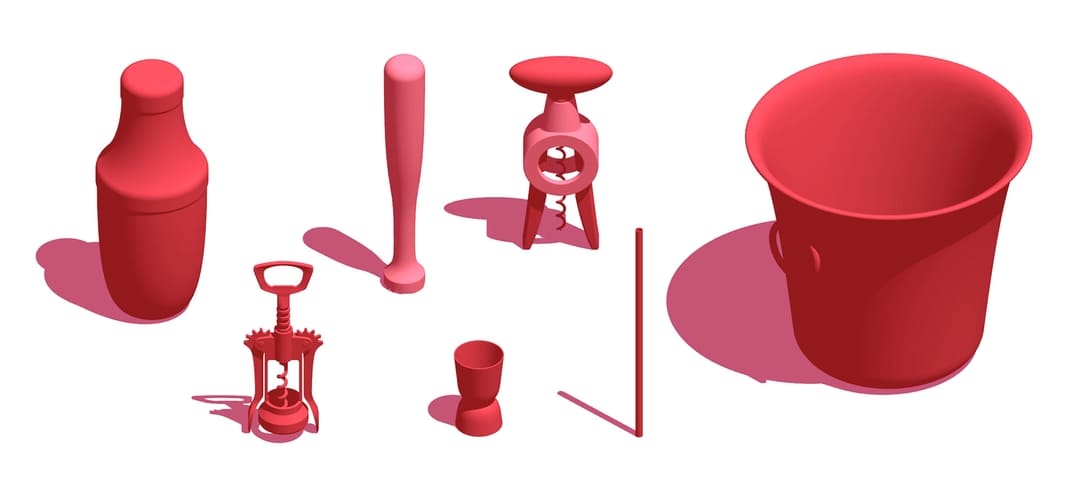 Scaled group of 3D drinkware accessories including shakers, coolers, and corkscrews