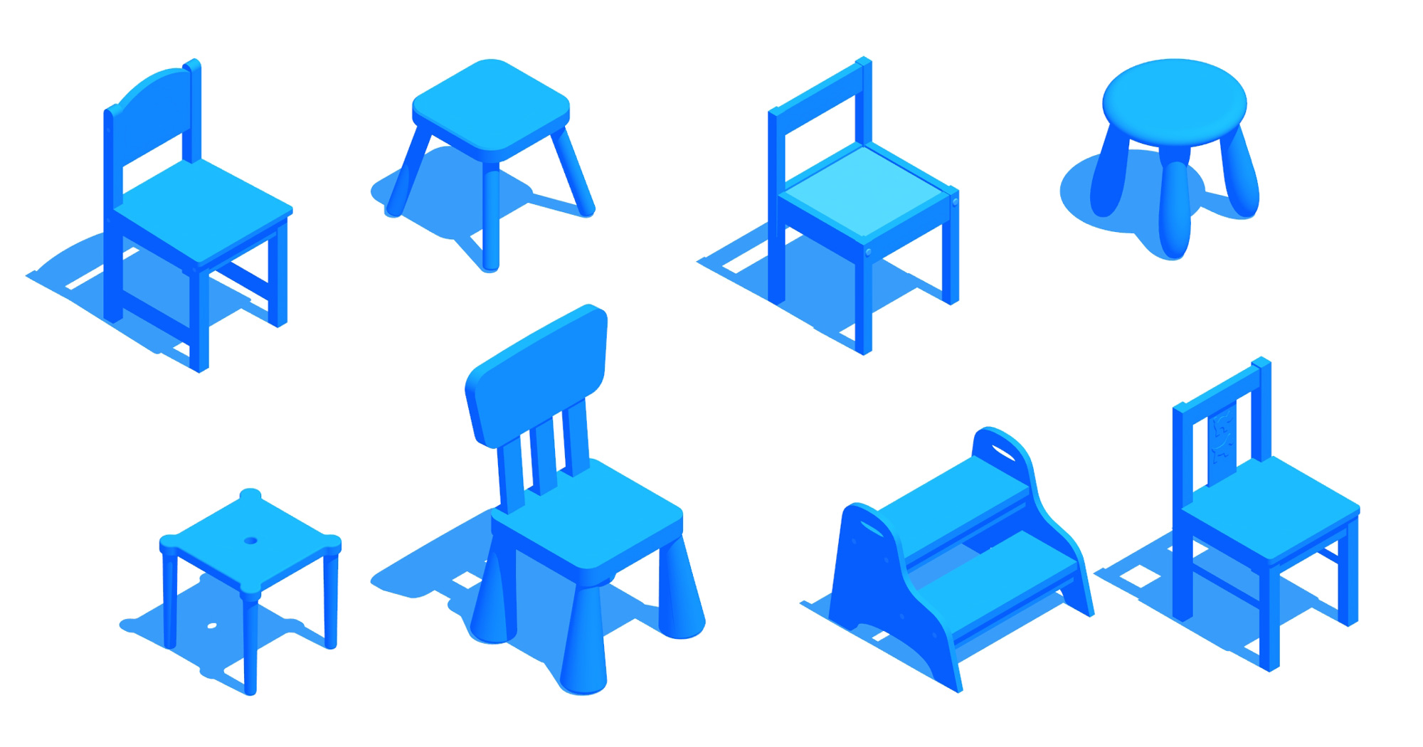 Collection of 3D Children's & Junior Chairs showing a variety of sizes and shapes