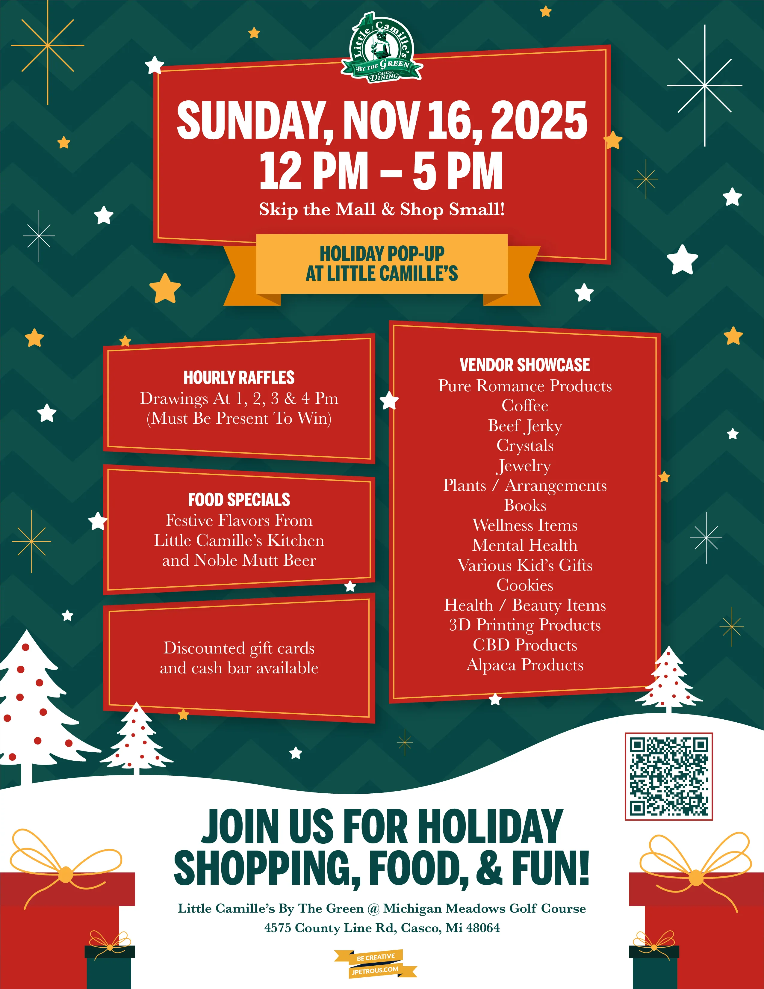Holiday pop-up event at Little Camille's on Sunday, Nov 16, 2025, from 12 PM to 5 PM featuring hourly raffles, food specials, and a vendor showcase with various products.