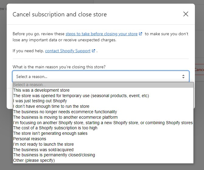 Close Your Shopify Store Step 5: Select Cancellation Reason