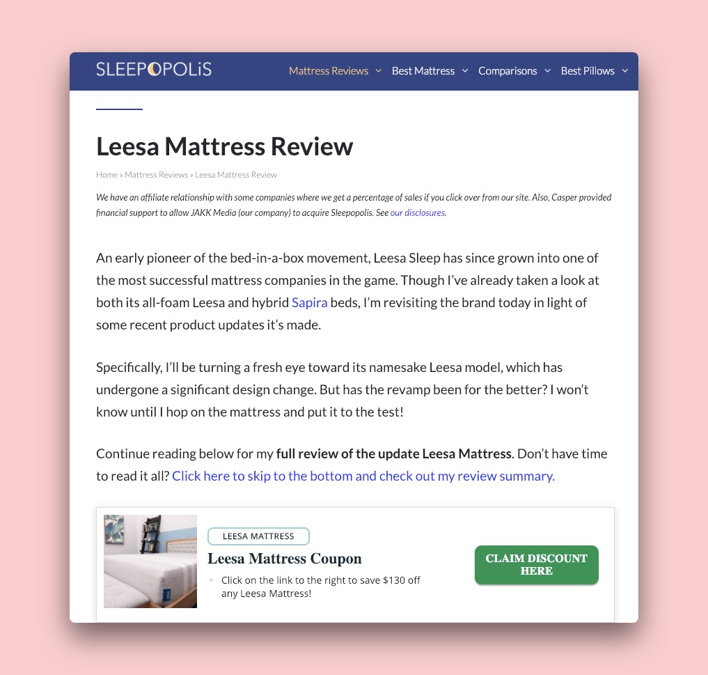 The Sleepopolis blog featuring a review for Leesa Mattress