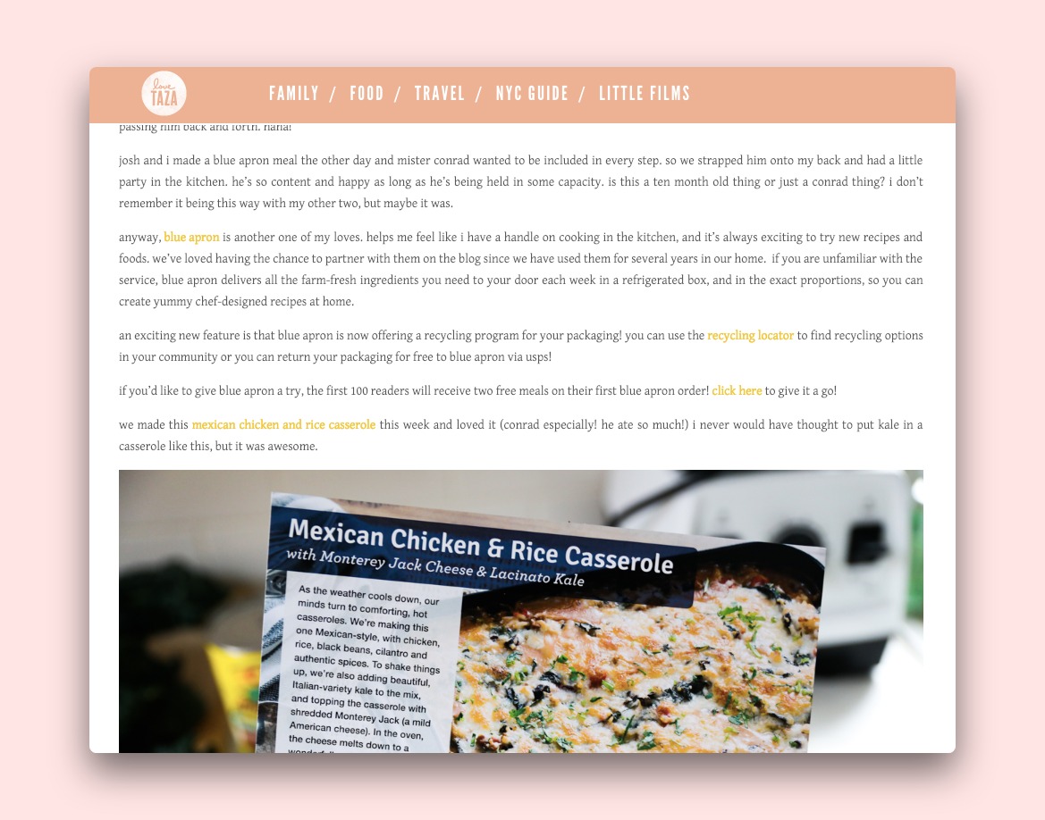 A post by food blog Love Taza promoting Blue Apron