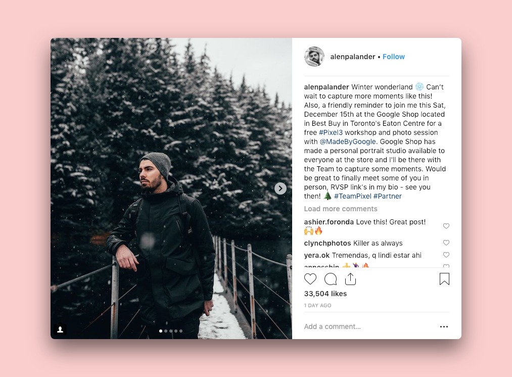 Influencer Alen Palander's instagram post promoting Google Pixel