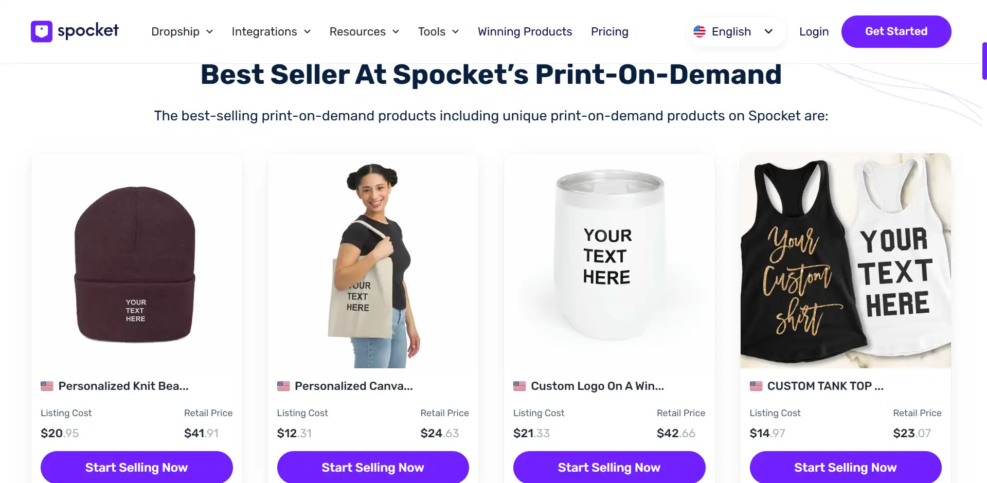 Spocket print-on-demand products showing listing cost and retail price, an ecommerce alternative to secret websites to make money