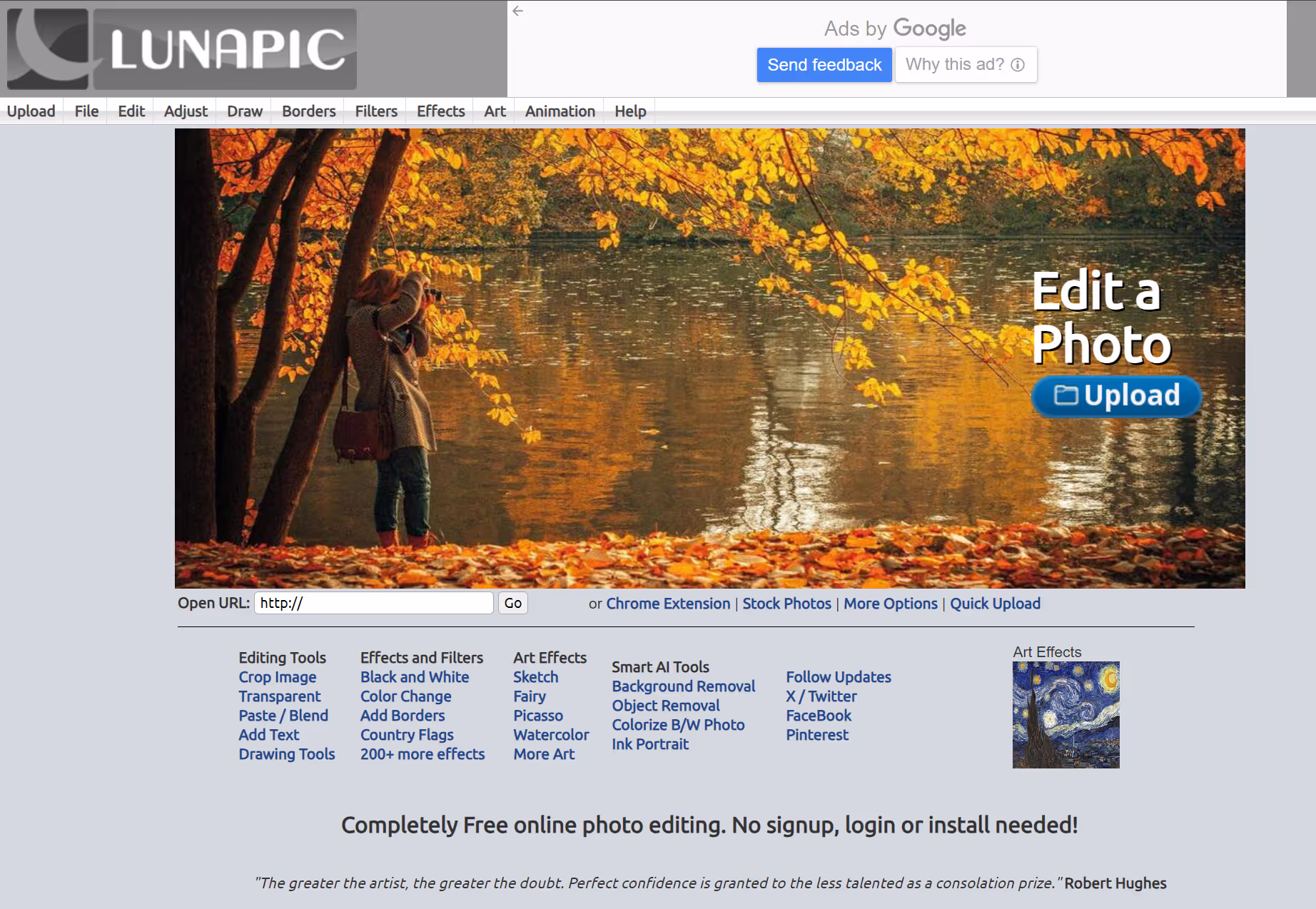 Captura de pantalla del sitio web de Lunapic