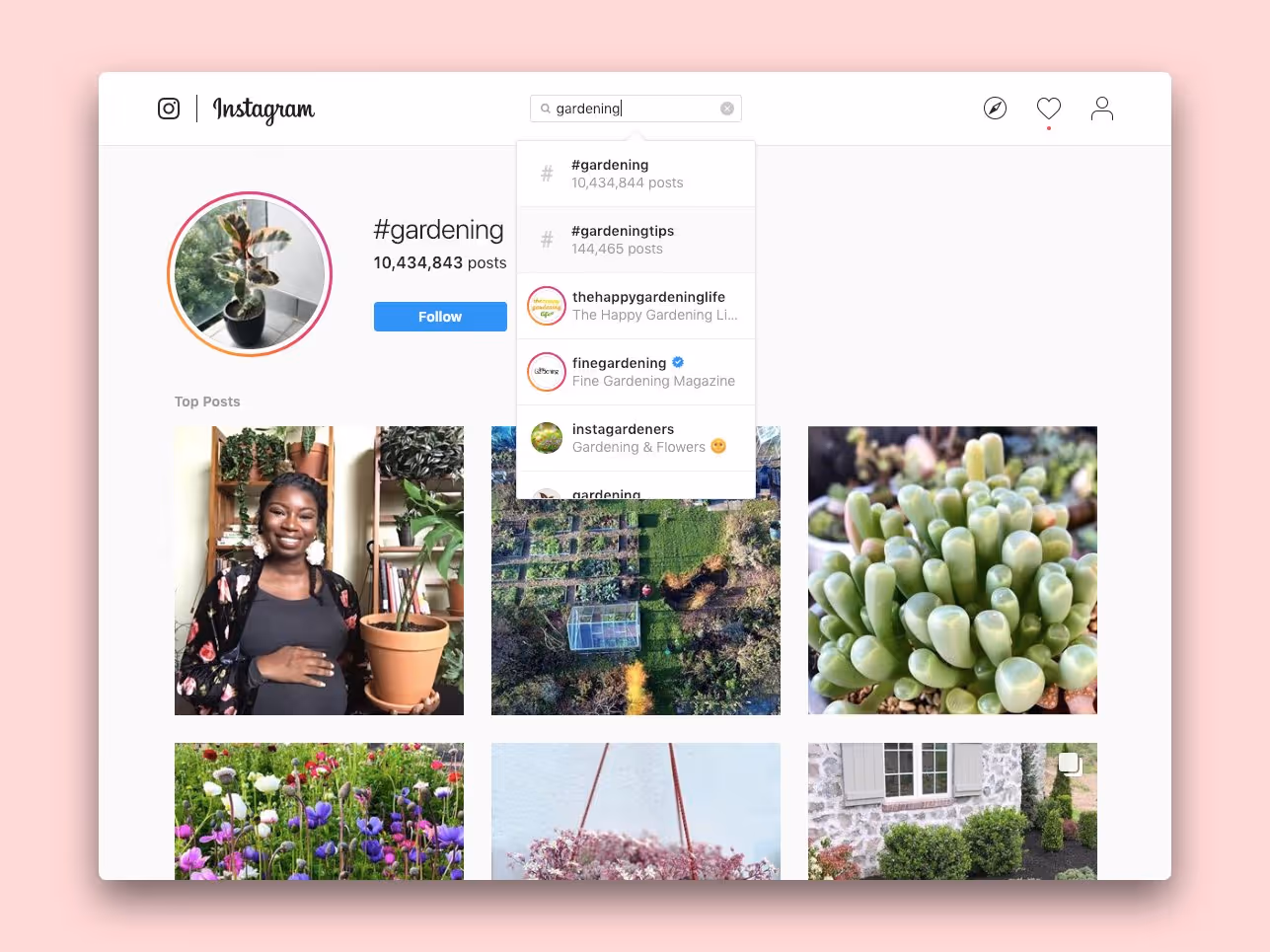 The #gardening search page on Instagram