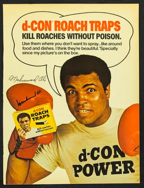 Muhammad Ali endorsing Roach traps on a poster