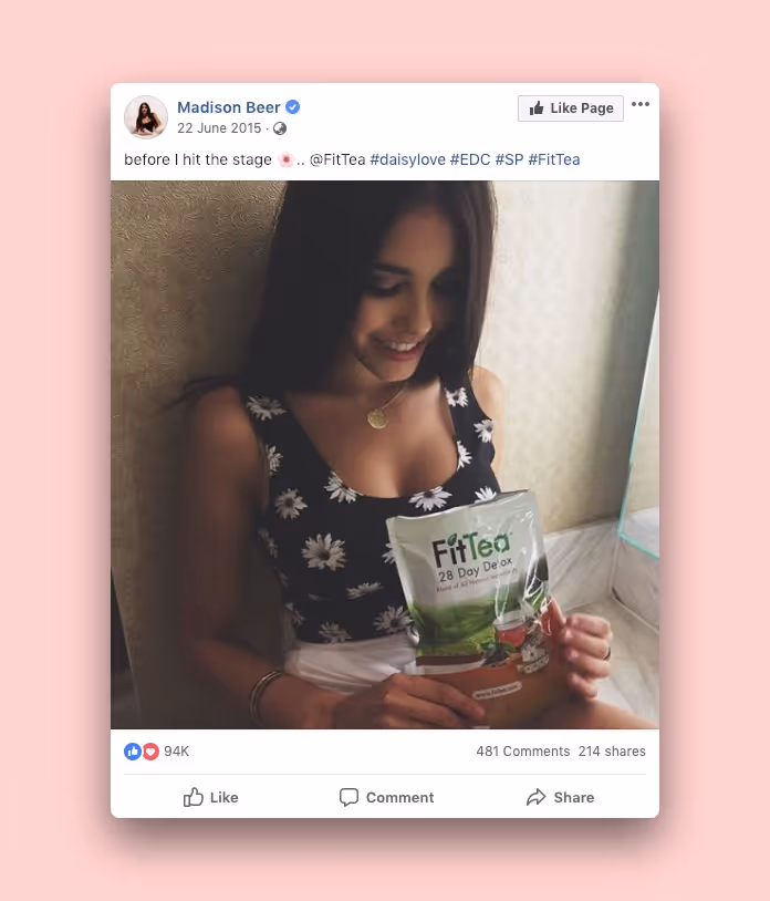 Influencer Madison Beer promoting FitTea a brand of detox tea through Facebook post