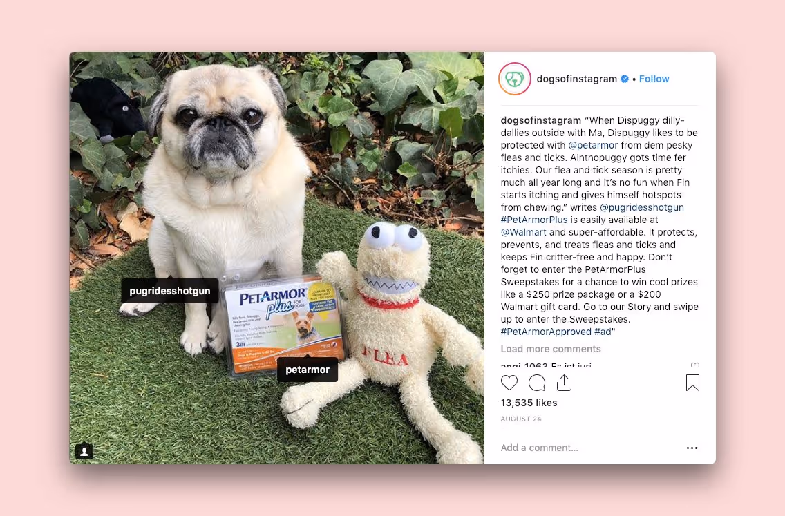 A Dogs of Instagram post that announces a giveaway sponspored by Pet Armour