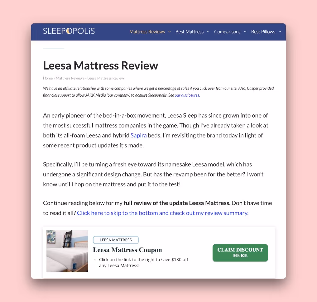 The Sleepopolis blog featuring a review for Leesa Mattress