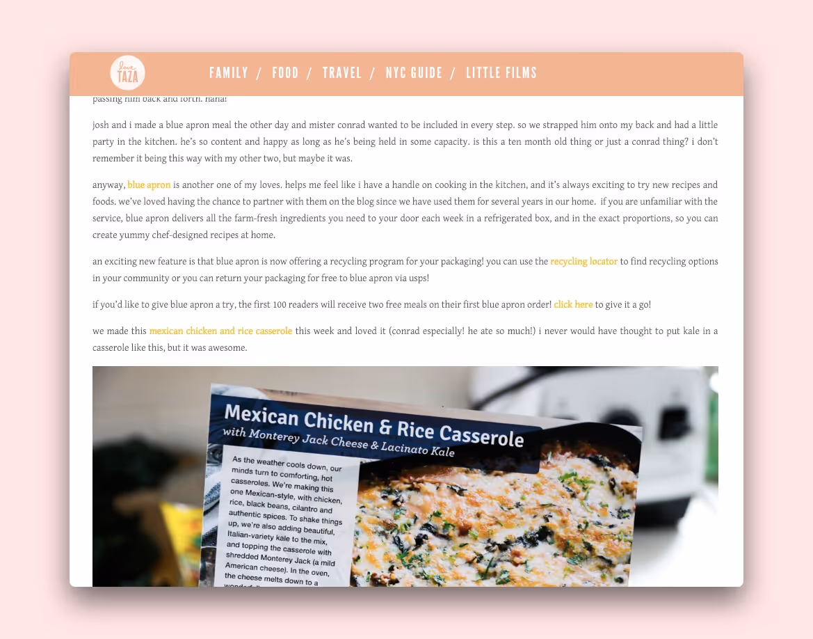 A post by food blog Love Taza promoting Blue Apron
