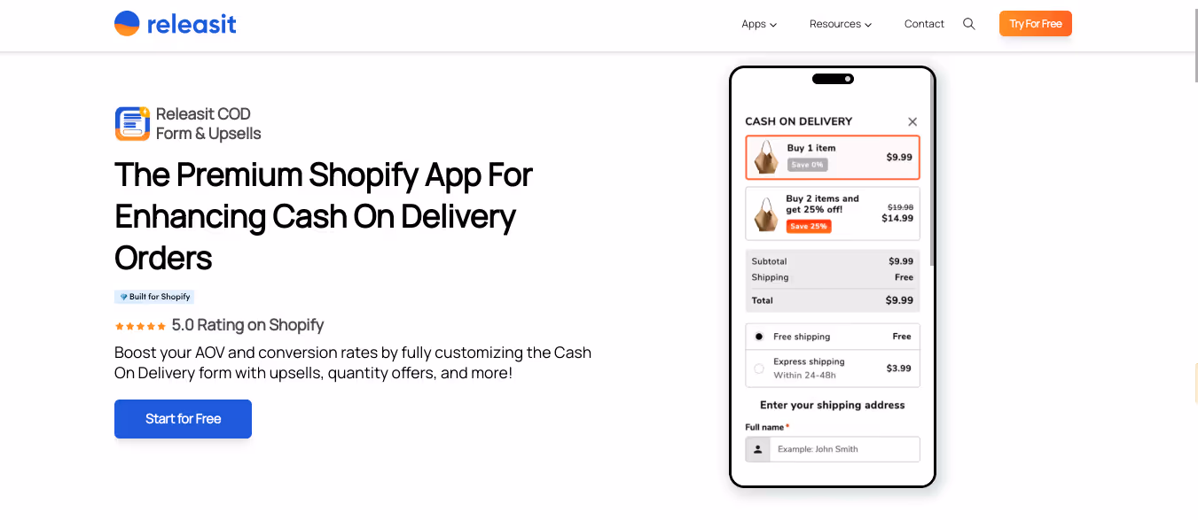 Formulario COD y ventas adicionales de Releaseit