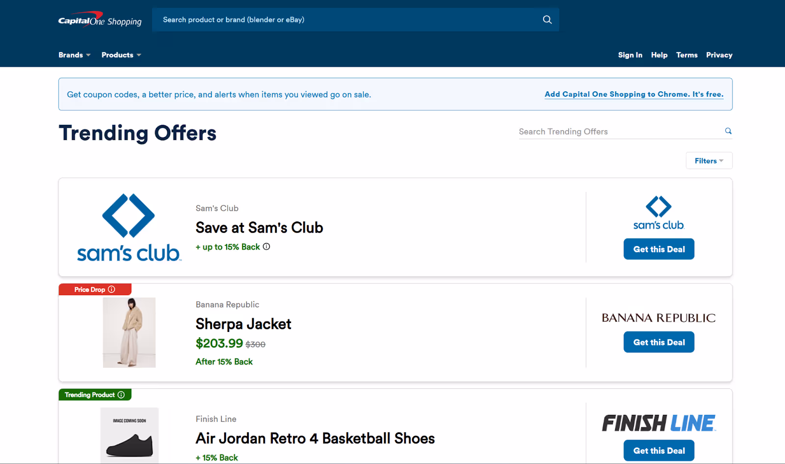 screenshot del sito web di Capital One
