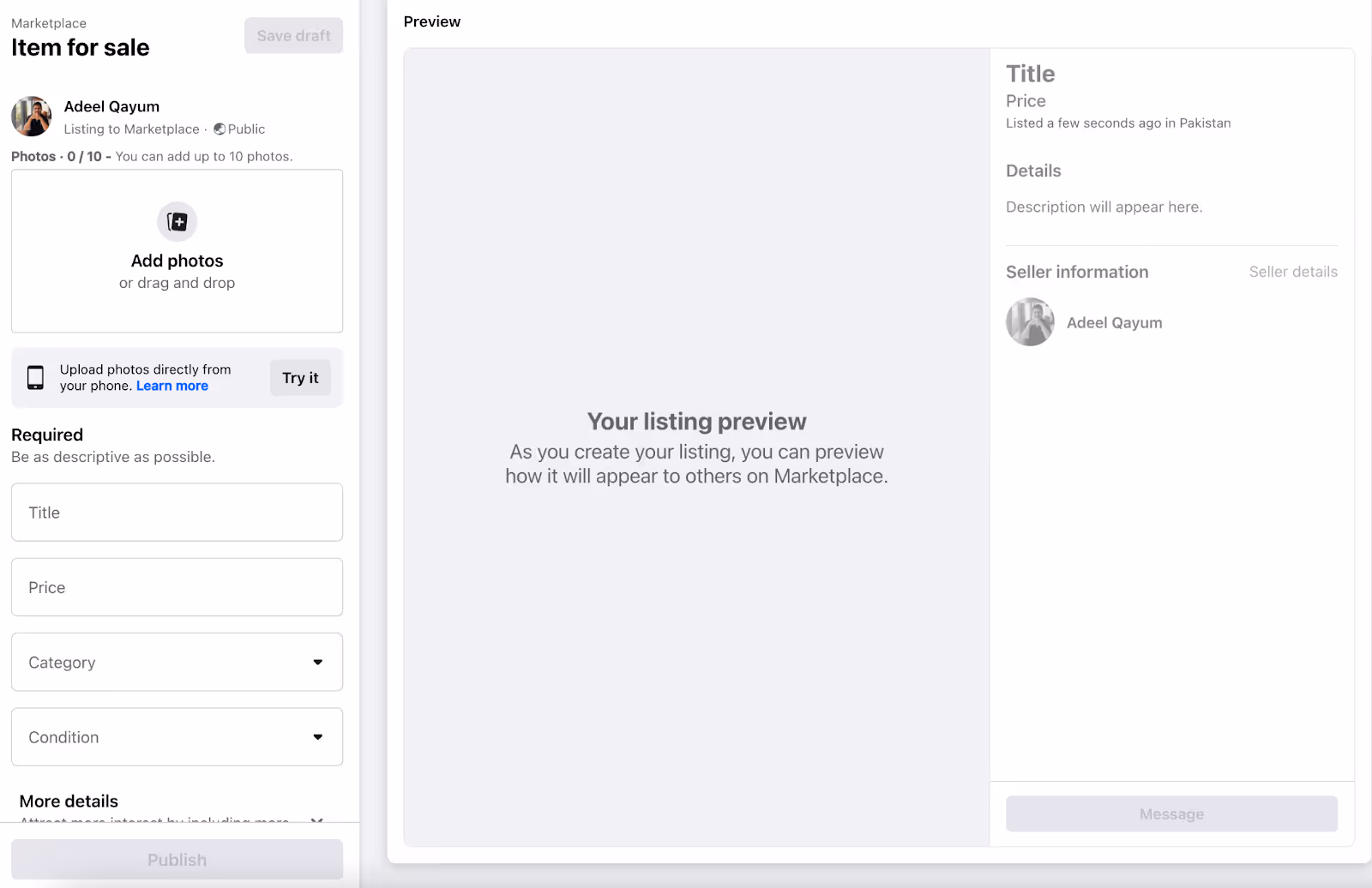 Agregar detalles del artículo en Facebook Marketplace