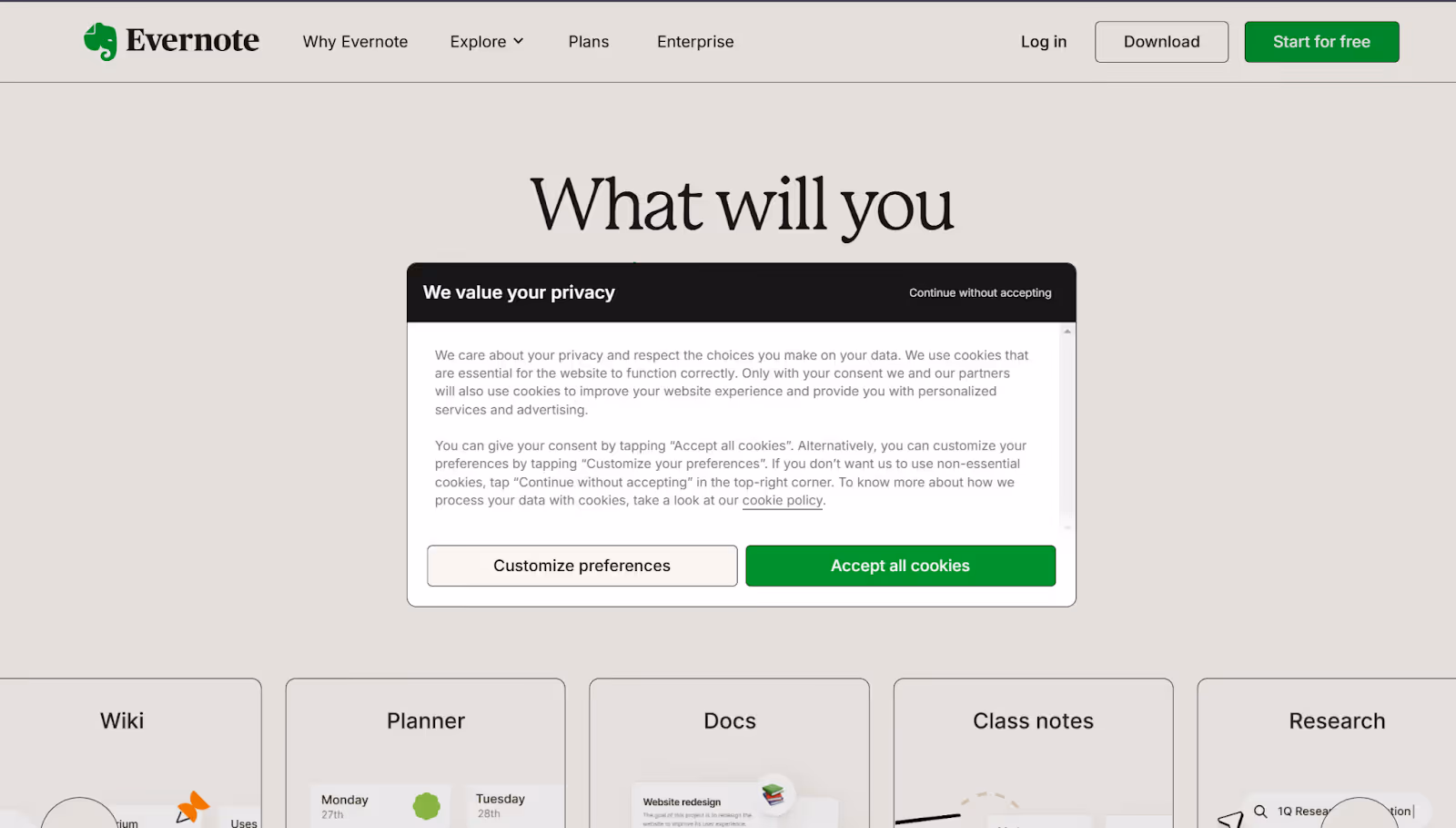 Schermata di Evernote