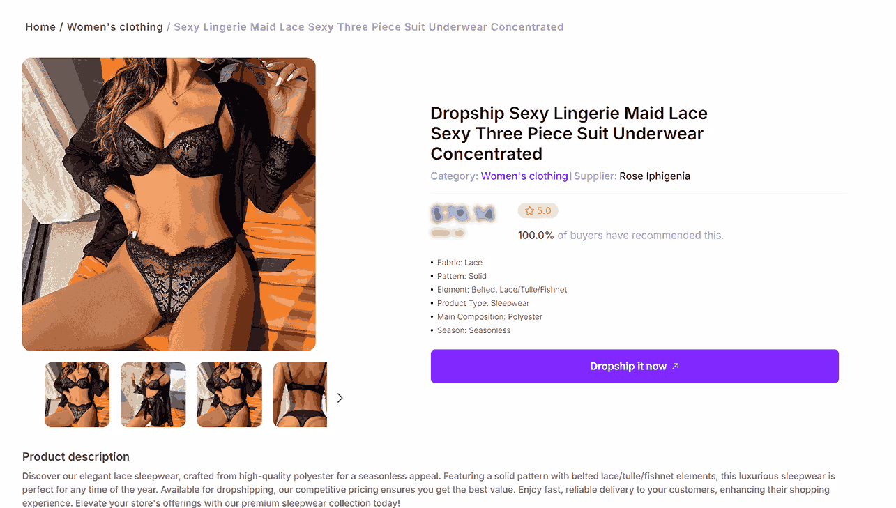Produit de lingerie pour adultes, livraison directe